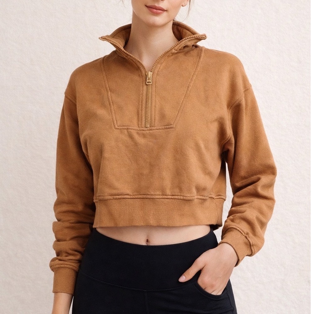 WB4 Paragon Cropped Half-Zip Sweatshirt Pullover Copper Brown Comfy Casual